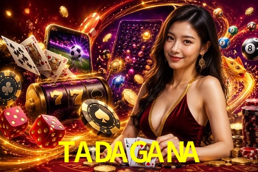 Una escena digital vívida inspirada en casino con TADAGANA mostrado prominentemente, luces brillantes, fichas, cartas y acentos dorados.